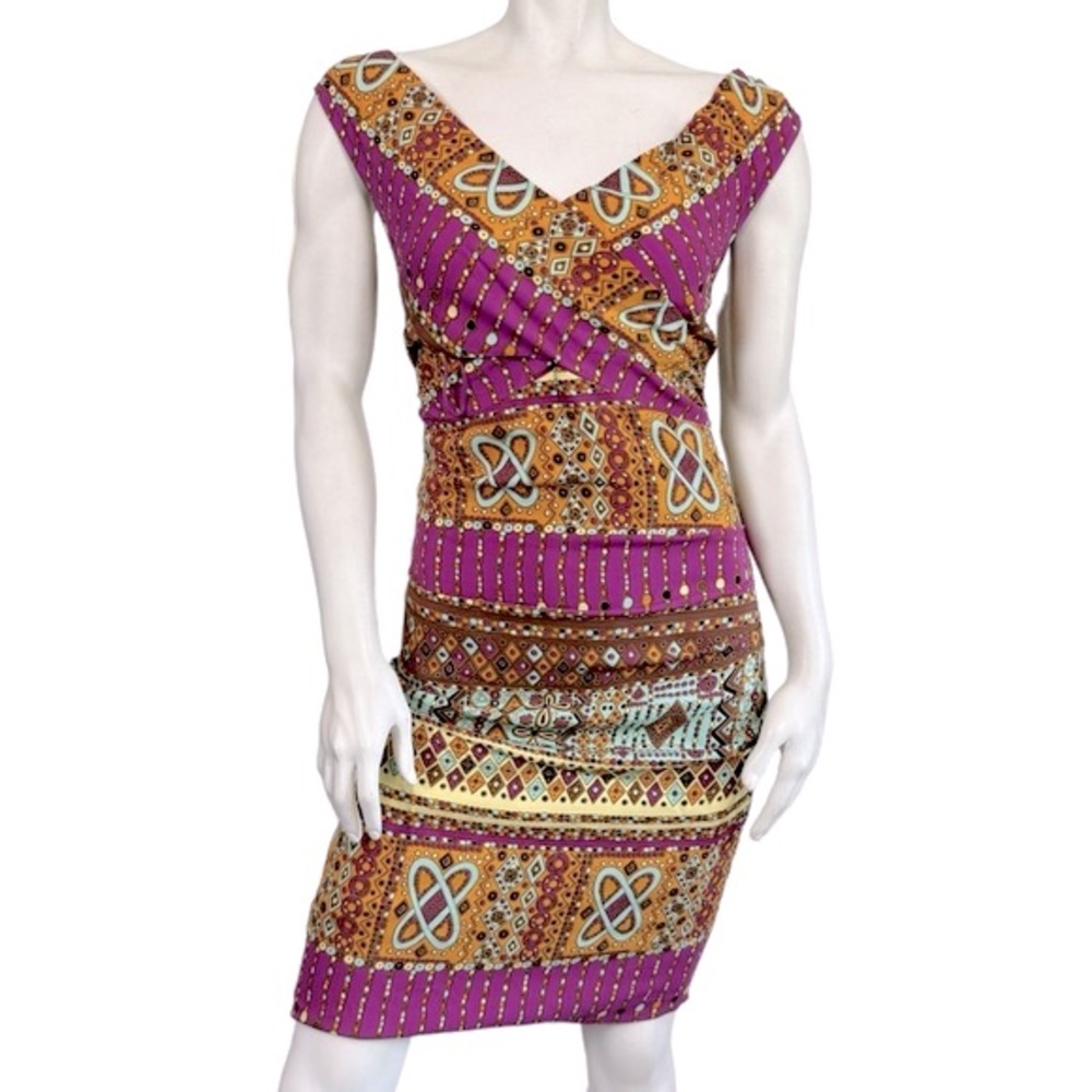 Y2K Nicole Miller Multicolor Printed Stretch Silk Wrap Bodycon Cocktail Dress